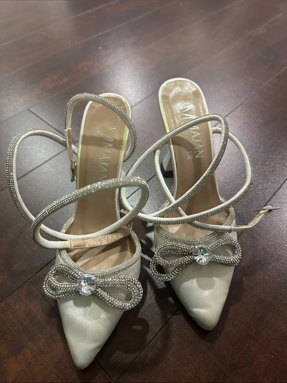 White Pointed Ankle-Strap Heels with Jeweled Bow